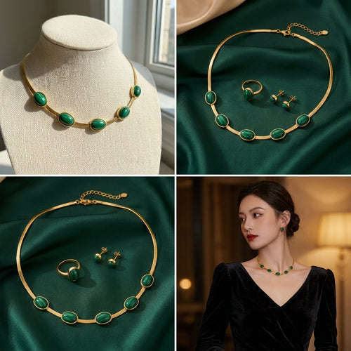Oval Green Crystal Pendant Necklace Set With Bracelet